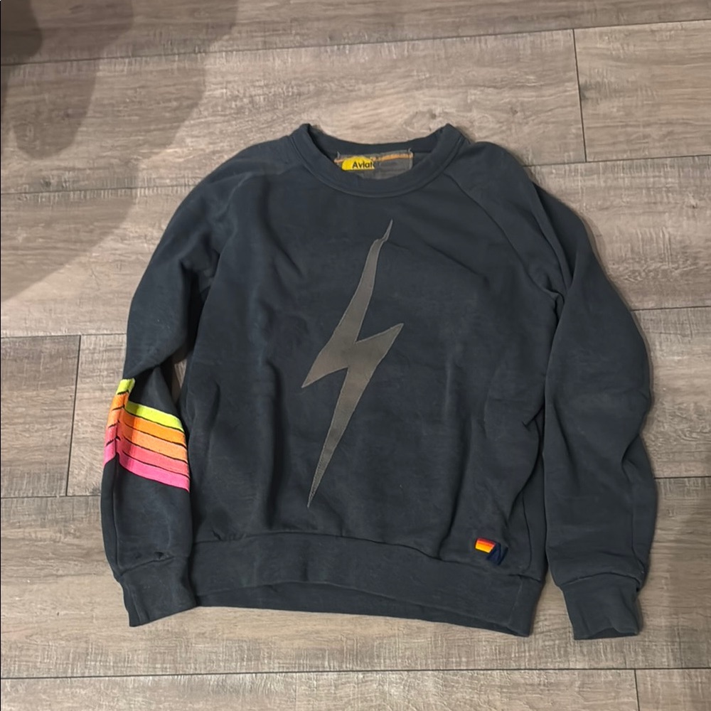 Aviator Nation Black Lightning Bolt Sweatshirt with Rainbow Sleeve Stripes